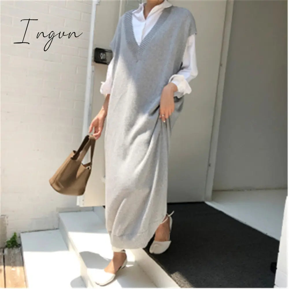 Ingvn - Faux Rabbit Fur Long Sweater Dress Women Loose Knitted Base V Neck Sleeveless Female Vest