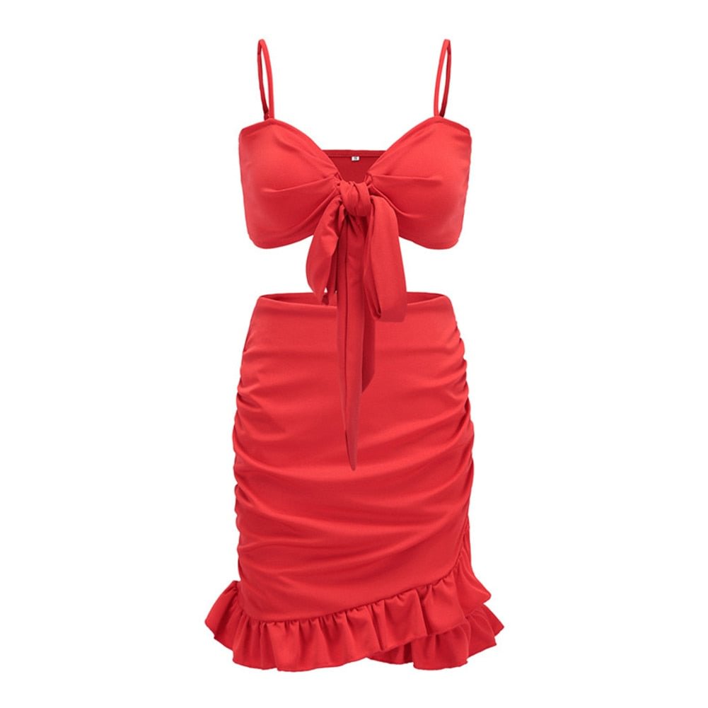Sexy Ruffle Skirt Camis Suit Red V Neck Bow Tie Elegant Crop Tops Summer Mini Dress Two Pieces Clothing Set Party Outfits Women
