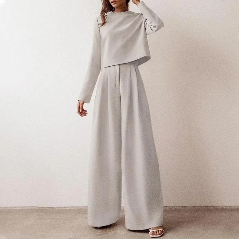 Autumn Women Casual Solid Matching Sets ZANZEA Elegant Long Sleeve Blouse Wide Leg Pant 2PCS Oversize High Waist Pant Sets Femme