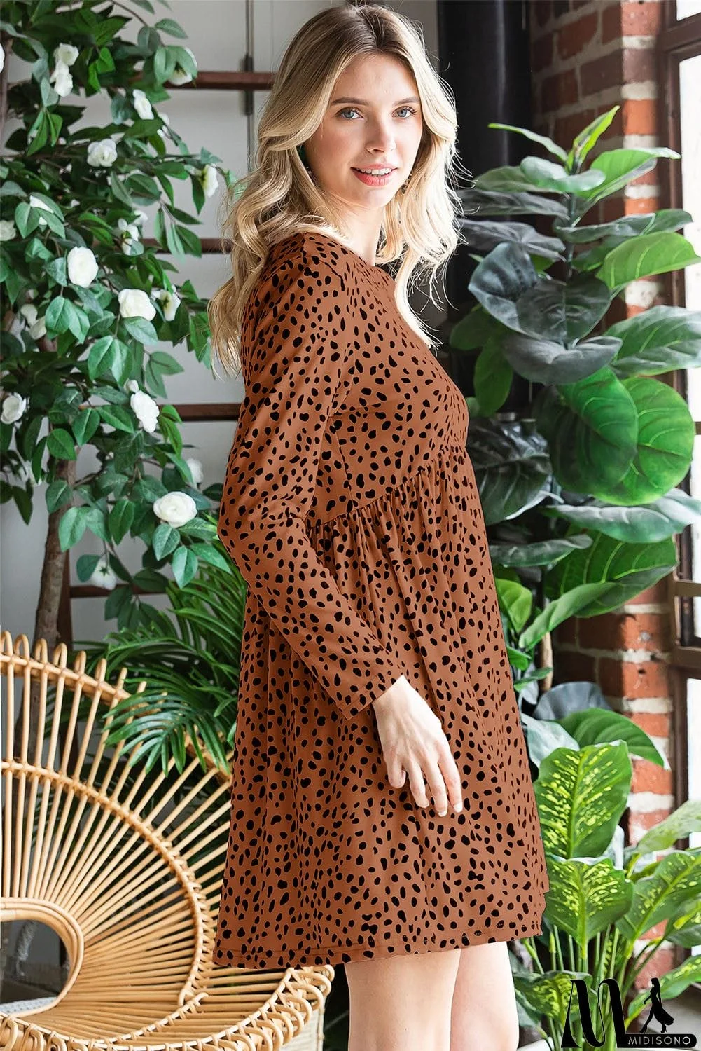 MidiSono - Printed Round Neck Long Sleeve Dress