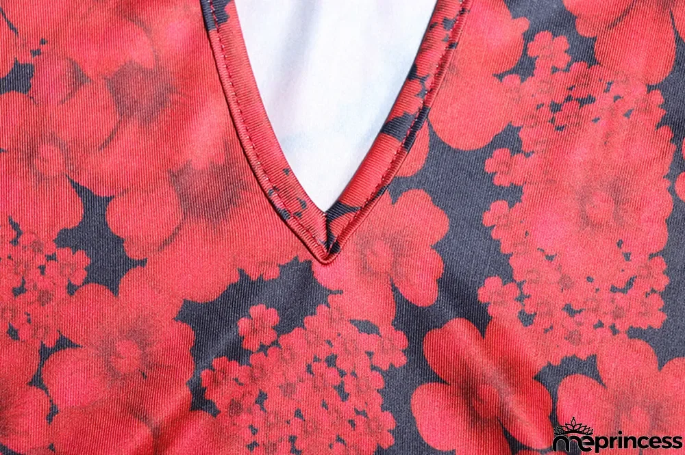 Fashion Print Sexy Deep V Long Sleeve Crop Top Bodycon Skirt Two-Piece Set