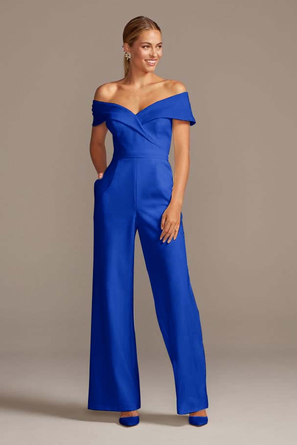 White Cuffed Off-The-Shoulder Stretch Crepe Jumpsuit