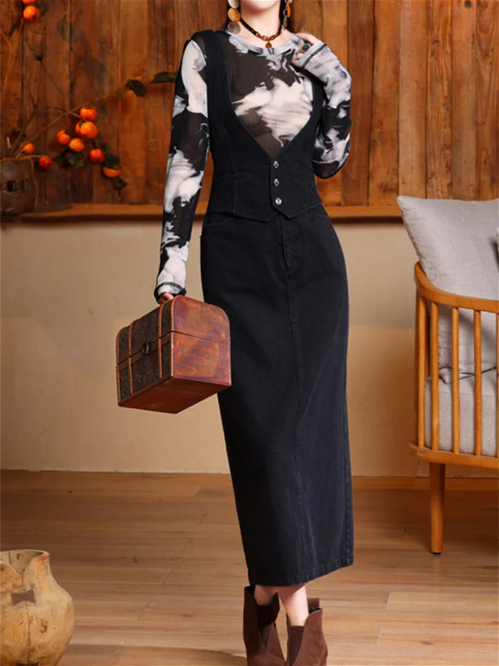 Women's Denim Suspender Maxi Dress