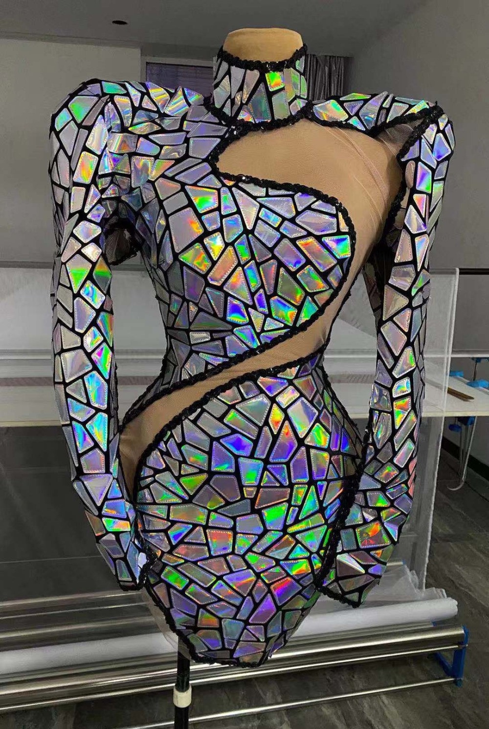 TAAFO Hollow Out Patchwork Mesh Sequin Dress Backless Prom Bodycon Dress