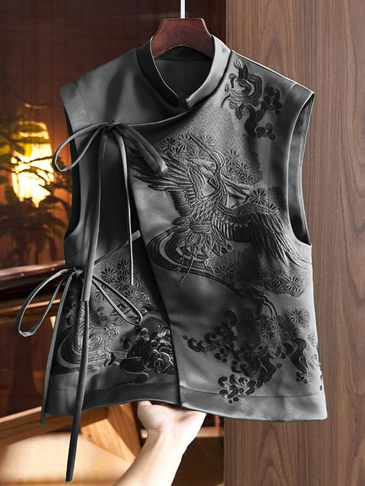 Black Elegant Plain Tie Front Mock Neck Embroidery Waistcoat