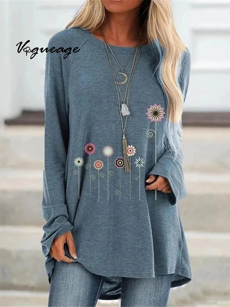 Floral Print Long Sleeve Crewneck T-Shirt