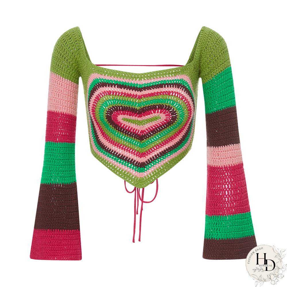 Aesthetic Grunge Sweater Vest Women Contrast Color Heart Print Flared Long Sleeve Knitwear Y2k Fairycore T Shirt