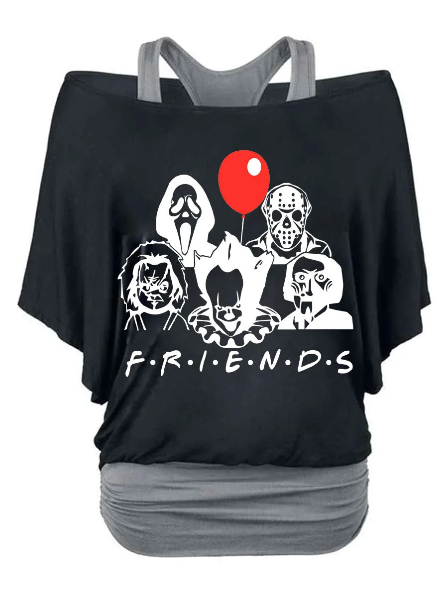 Halloween Friends Print Short Sleeved Tops Two Piece Set