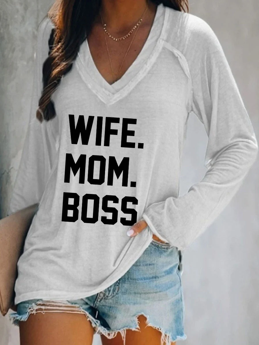 Wife Mom Boss V-neck Long Sleeve T-shirt