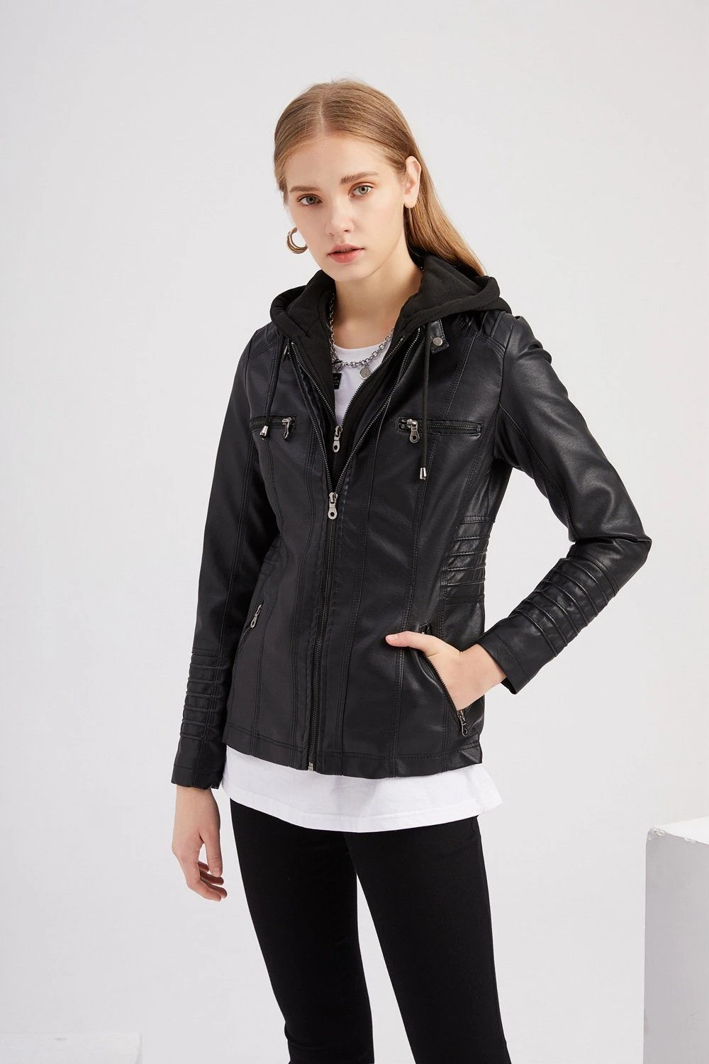  thdmladies Two-piece Leather Jacket with Detachable Hood thedmladies