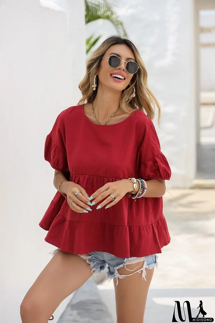 Round Neck Ruched Short Sleeve Blouse