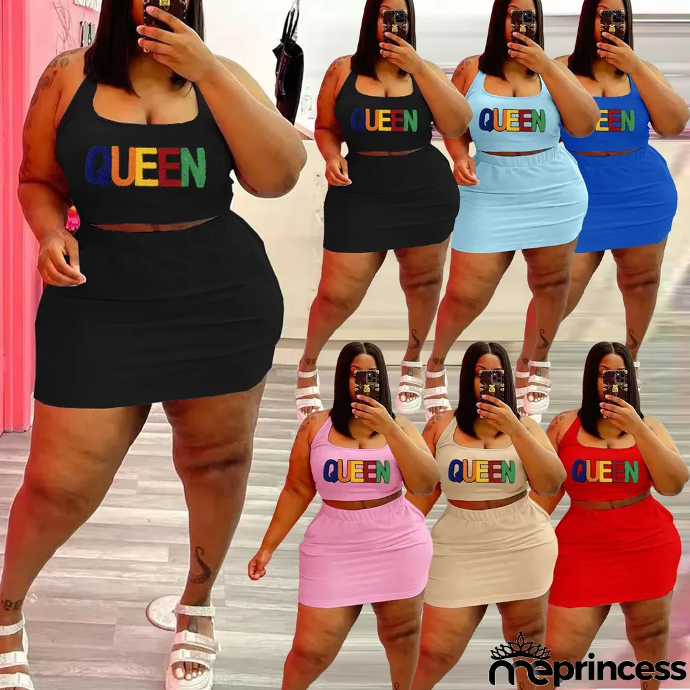 Plus Size Letter Print Tank Top Mini Skirt 2 Piece Sets