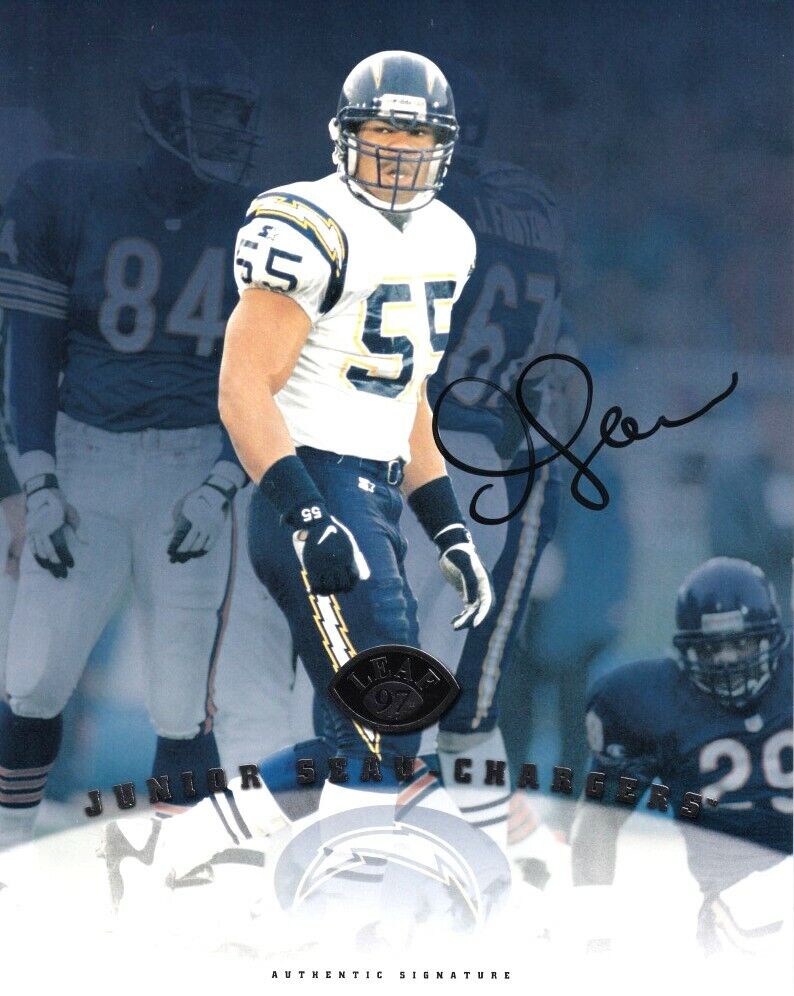 Junior Seau certified autographed signed auto Chargers 1997 Leaf 8x10 Photo Poster painting card