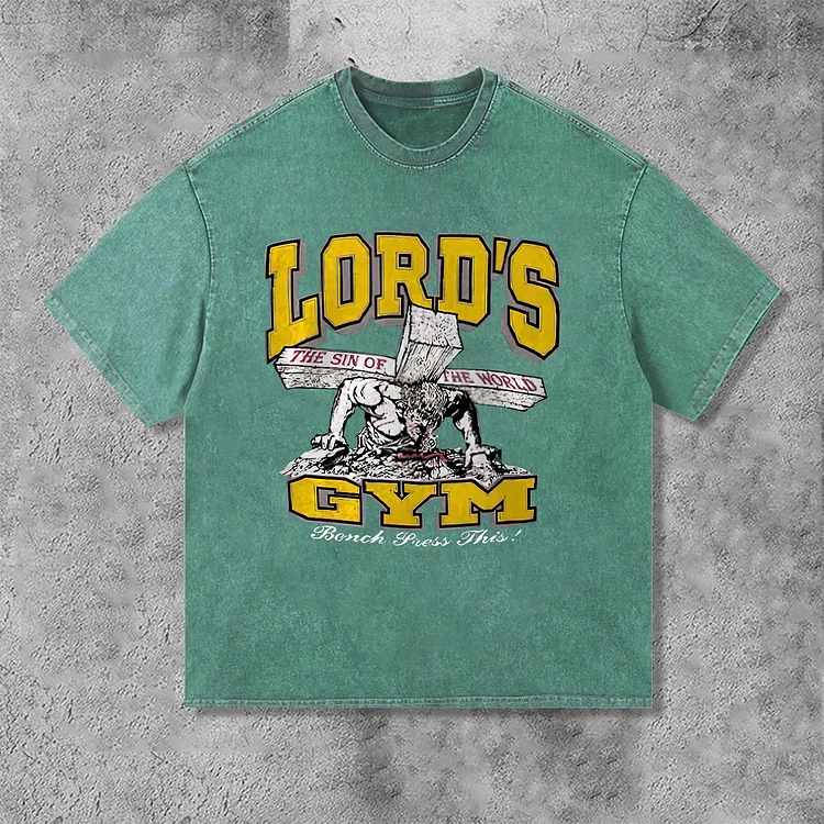 Retro Lord S Gym Print Acid Washed Street T-Shirt SOPULA