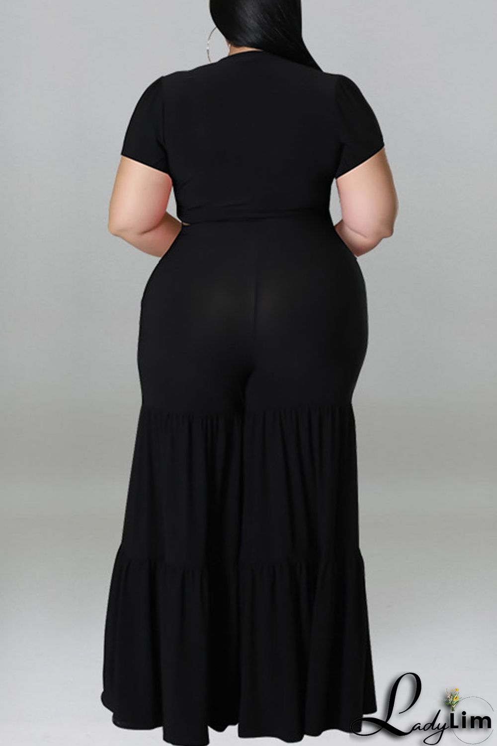 Black Casual Solid Bandage Patchwork V Neck Plus Size Two Pieces