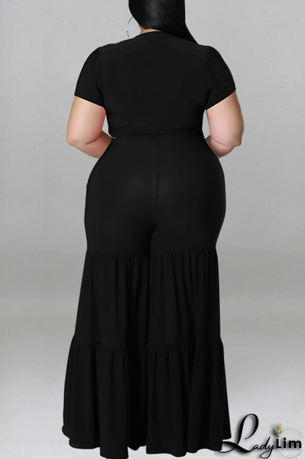 Black Casual Solid Bandage Patchwork V Neck Plus Size Two Pieces