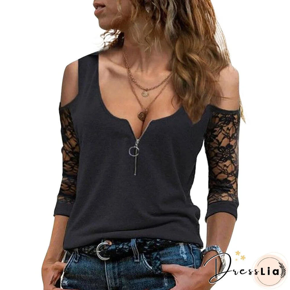 Women Elegant Off-Shoulder Tops Lace Three Quarter Sleeve Sexy Zipper Up V Neck Shirt Black Female Ladies Autumn Clothes D30
