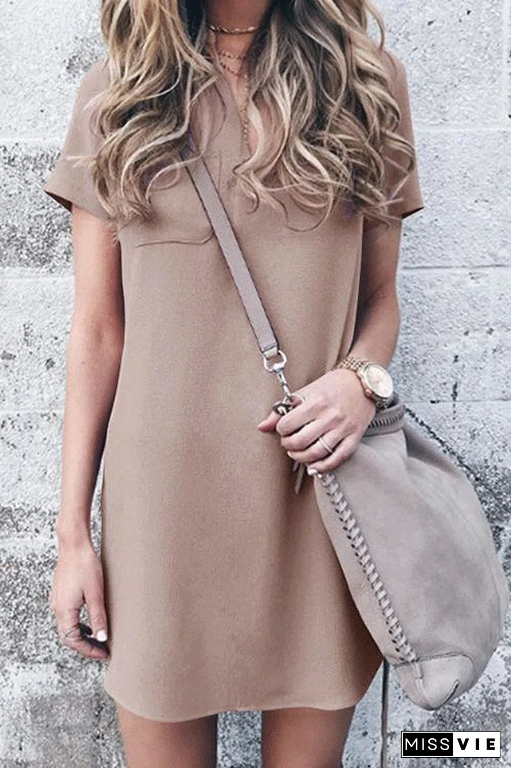 V-neck Solid Color Casual Dress