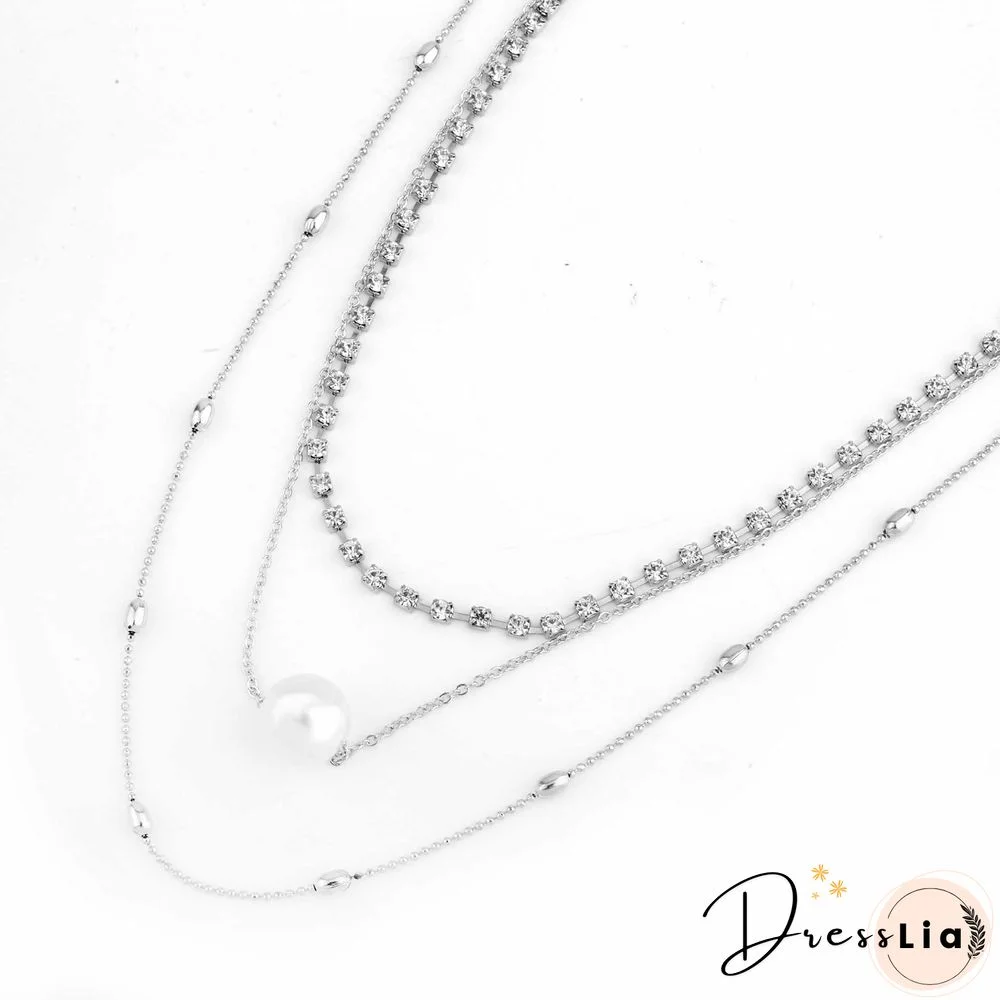 Silver Diamond Pendant Necklace Layered Long Necklace Pearl Choker