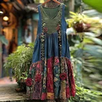 Women's Vintage Rose Floral Print Patchwork Denim Dress - Image 2