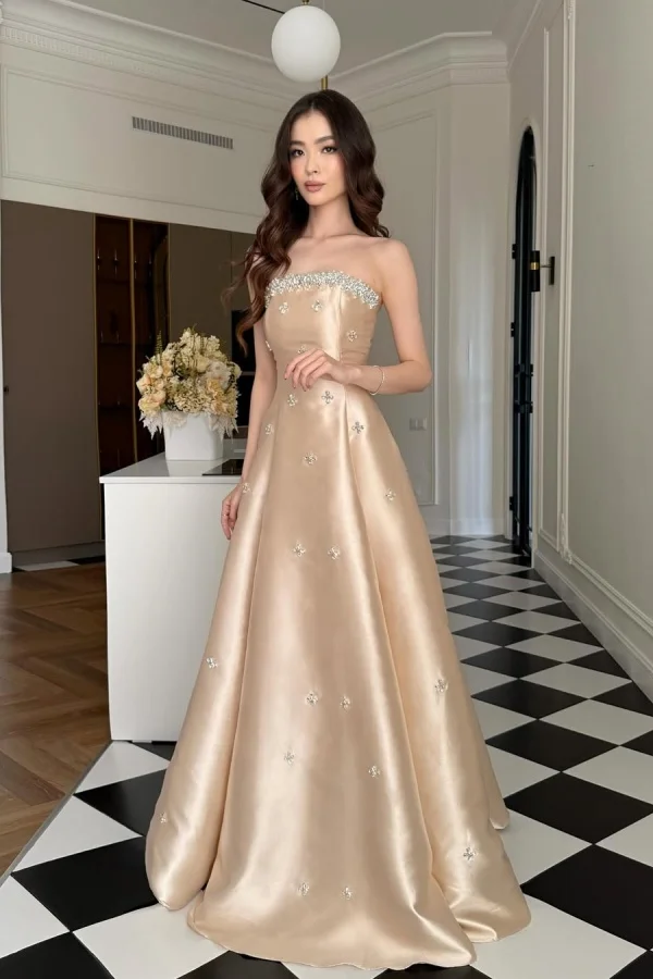 Stylish Champagne Straight Across Rhinestone A-Line Prom Dress YK0046