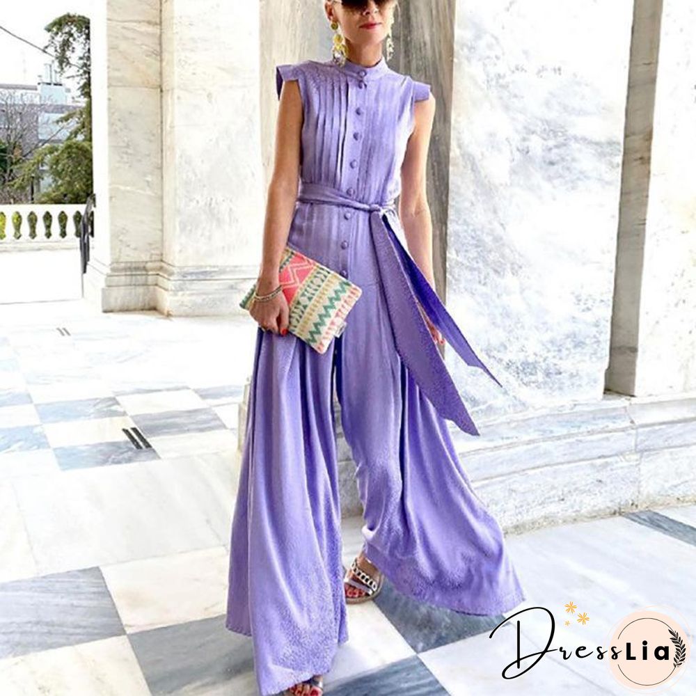 Sleeveless Button Pattern Strappy Jumpsuit