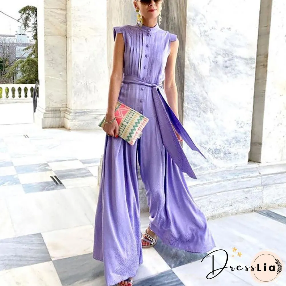 Sleeveless Button Pattern Strappy Jumpsuit