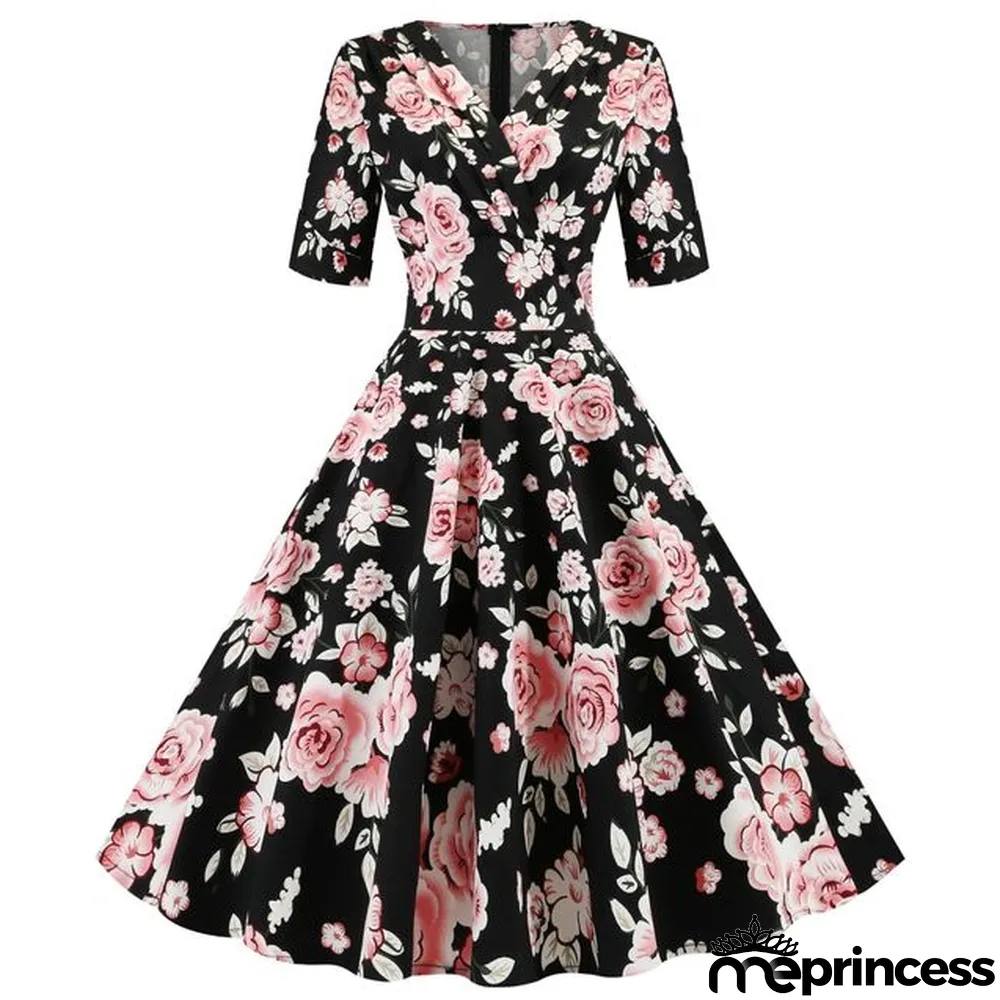 New Hepburn Vintage Cotton Floral Print Flower Dress Casual Short Sleeve Retro 50s 60s Swing Women Summer Swing Dresses
