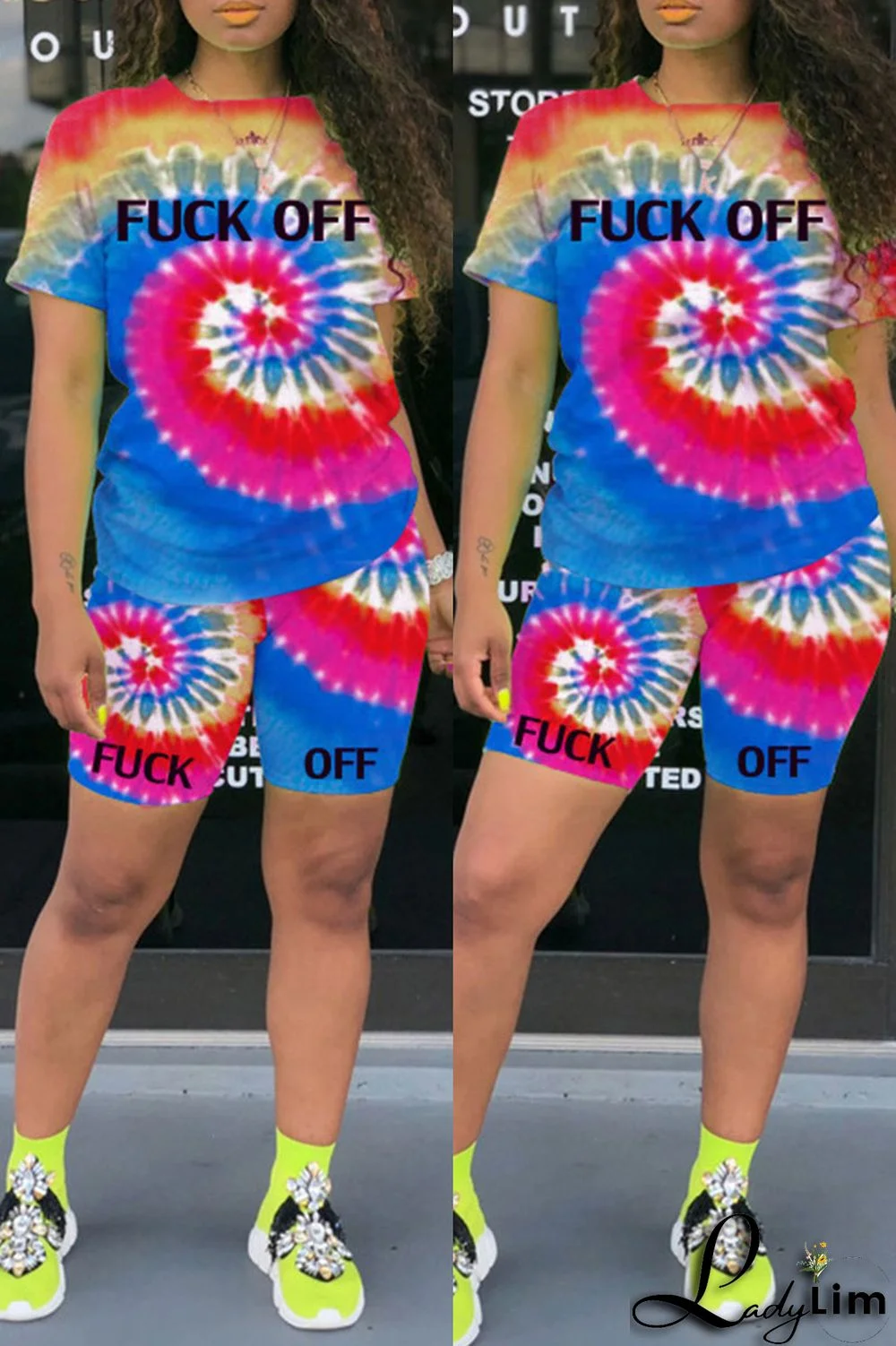 Yellow Fashion Casual Print Tie-dye O Neck Short Sleeve Two Pieces