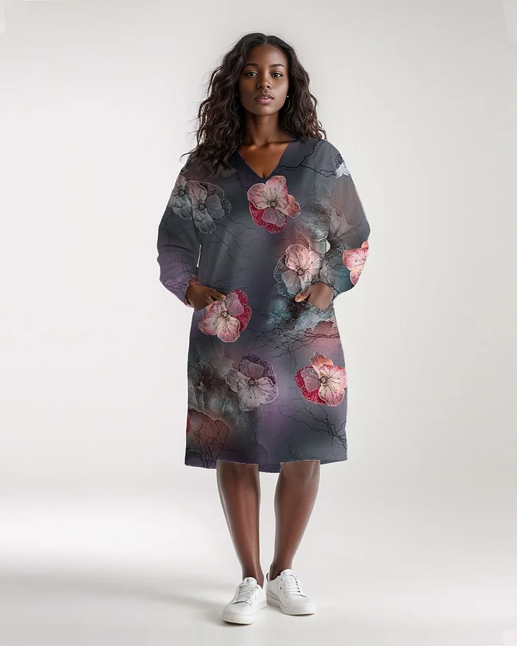 Plus Size Women's Fashion Prints Casual Pocket V Neck Dress