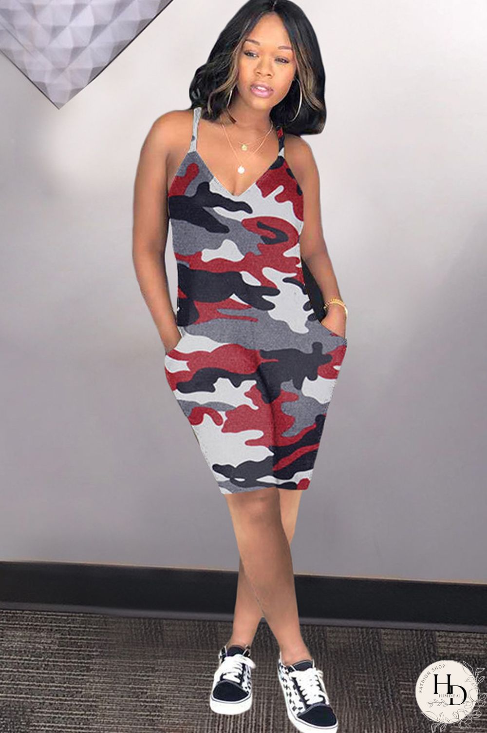 Blue Sexy Fashion Camouflage Chemical fiber blend Sleeveless V Neck Rompers