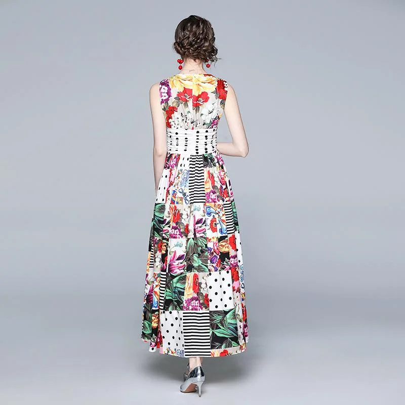 Retro polka dot flower contrast print V-neck holiday big swing dress