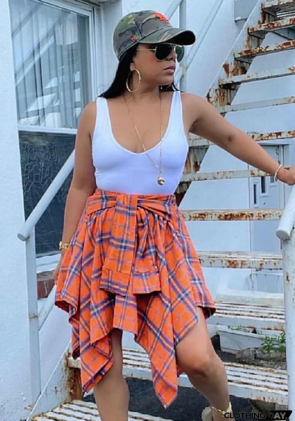 Women Summer Orange Preppy Style High Waist Plaid Print Belted Midi Asymmetrical Skirts