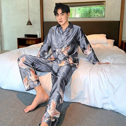 Autumn Elastic Waist Men Sleepwear print Men's pyjamas Silk Men's Pajamas Set Long Sleeve Nightwear Print Long Pant Homewear Set