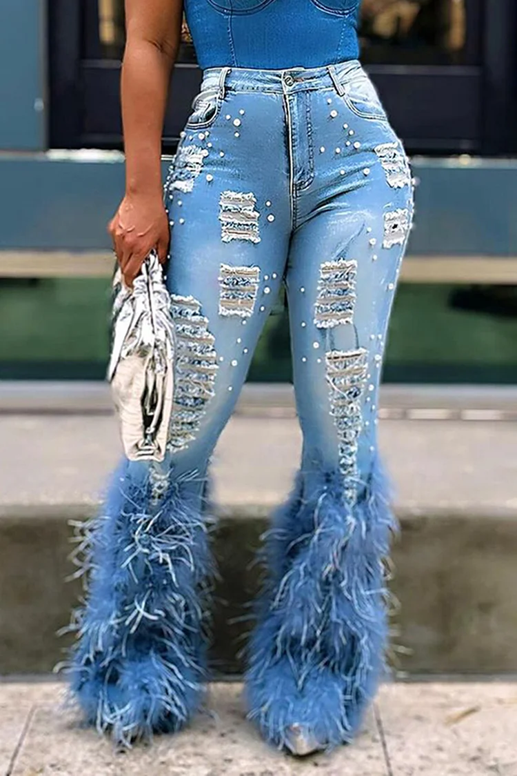 Ripped Beads Decor Flare Leg Feather Party Denim Pants-Blue [Pre Order]