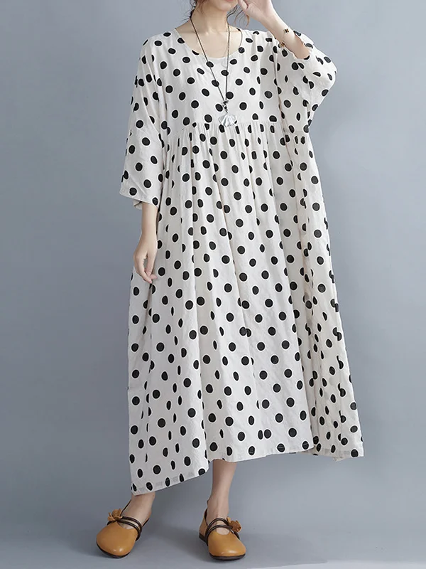 Loose Casual Polka-Dot Pleated Midi Dress
