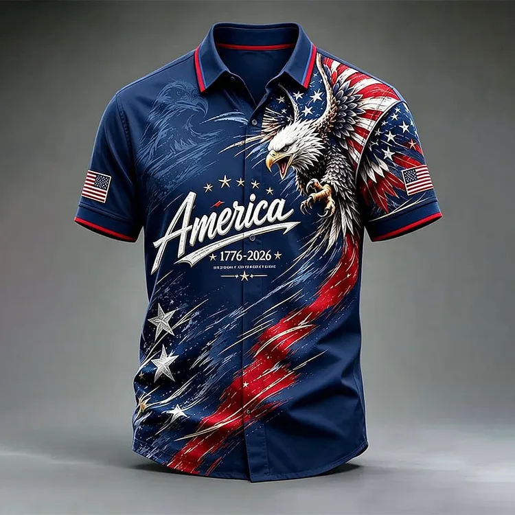 Men's Vintage Flag Eagle Print Short-sleeve Shirt