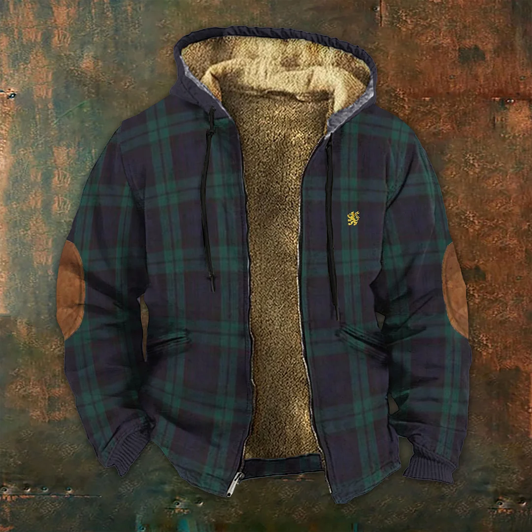 Vintage Scotland Lion Embroidered Plaid Casual Zip Hoodie