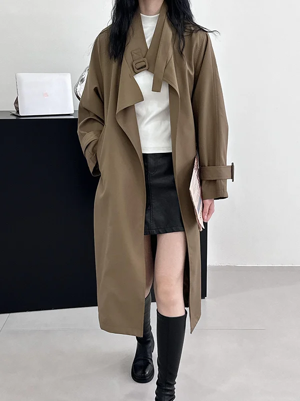 Long Sleeves Loose Buckle Pockets Solid Color Split-Back Tied Waist Lapel Trench Coats