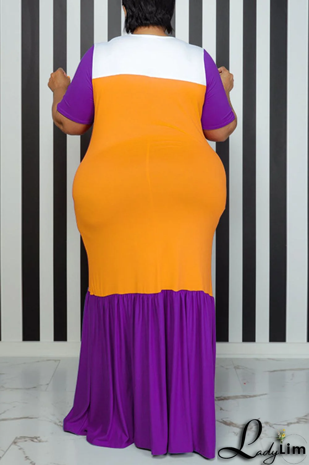 Pink Casual Solid Patchwork O Neck Straight Plus Size Dresses