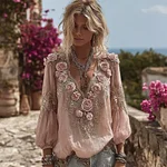 Vintage Boho Rose Embroidered V Neck Comfy Linen T Shirt - Image 2