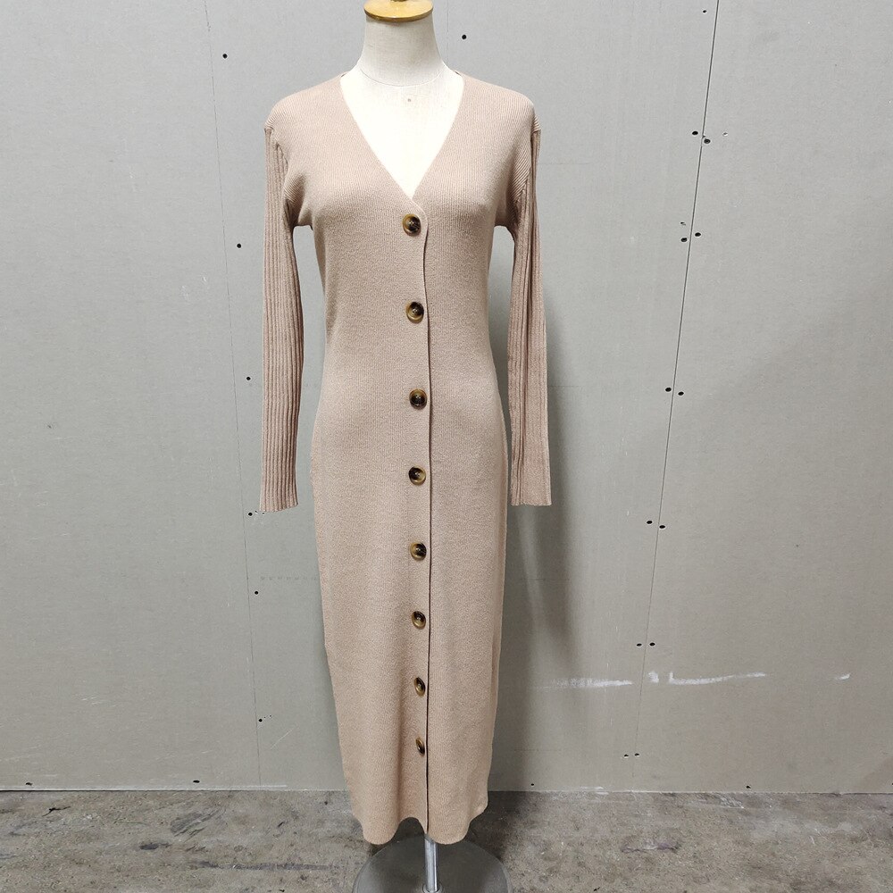 Ootddress Spring New Knitted Sweater Dress V Neck Long Sleeve Bodycon Midi Dress Cardigan Knitwear Ladies Casual White Dresses 2025