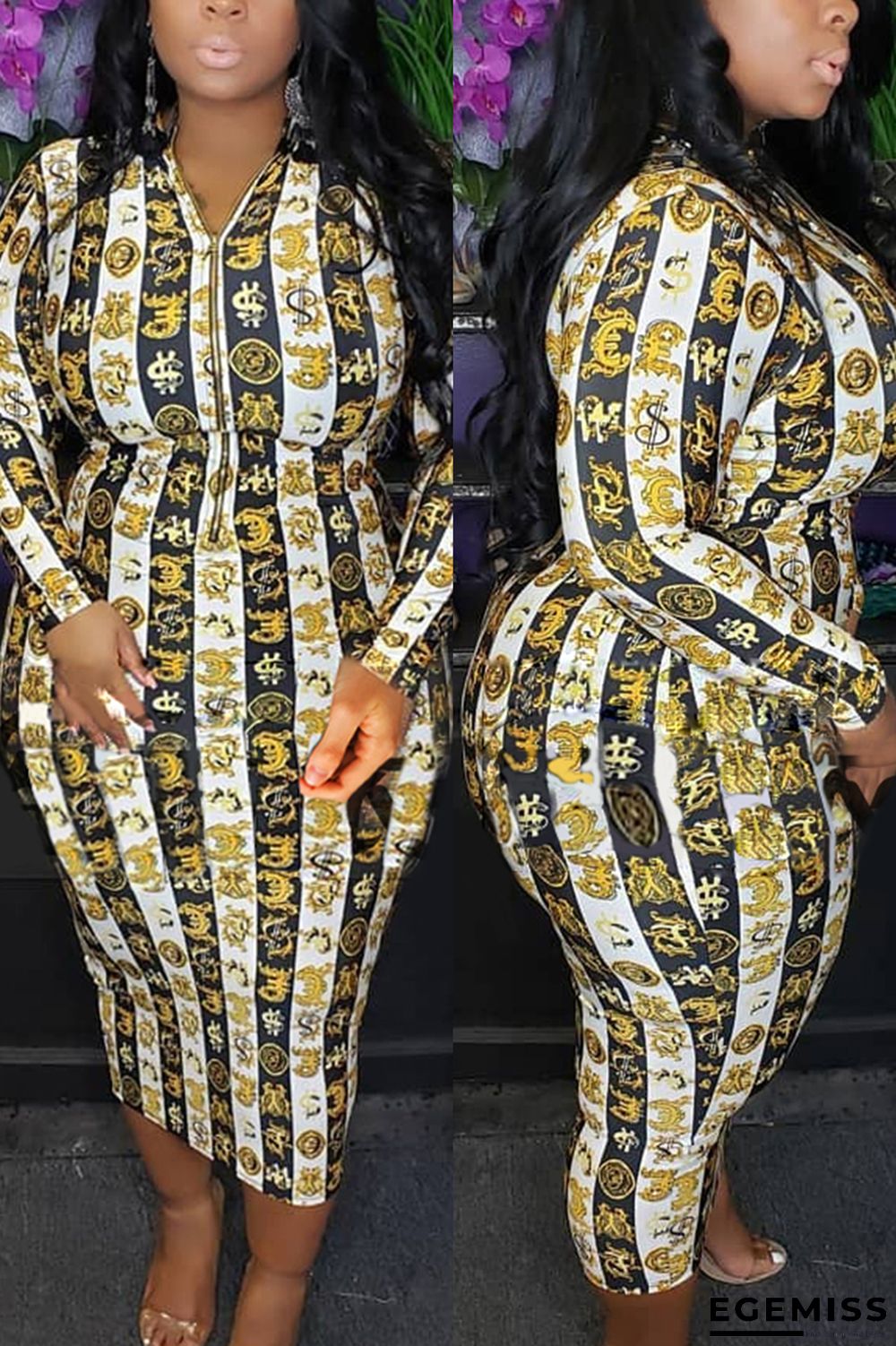 Yellow Fashion Casual Print Basic Zipper Collar Long Sleeve Plus Size Dresses | EGEMISS