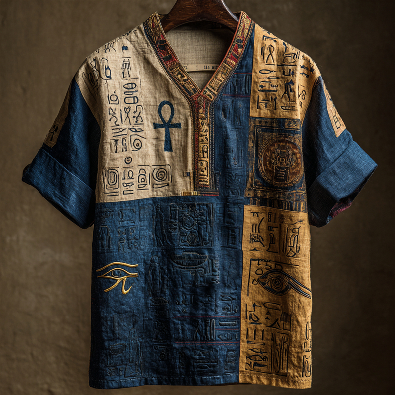 Eye Of Horus & Ankh Ancient Egyptian Patchwork Linen Shirt