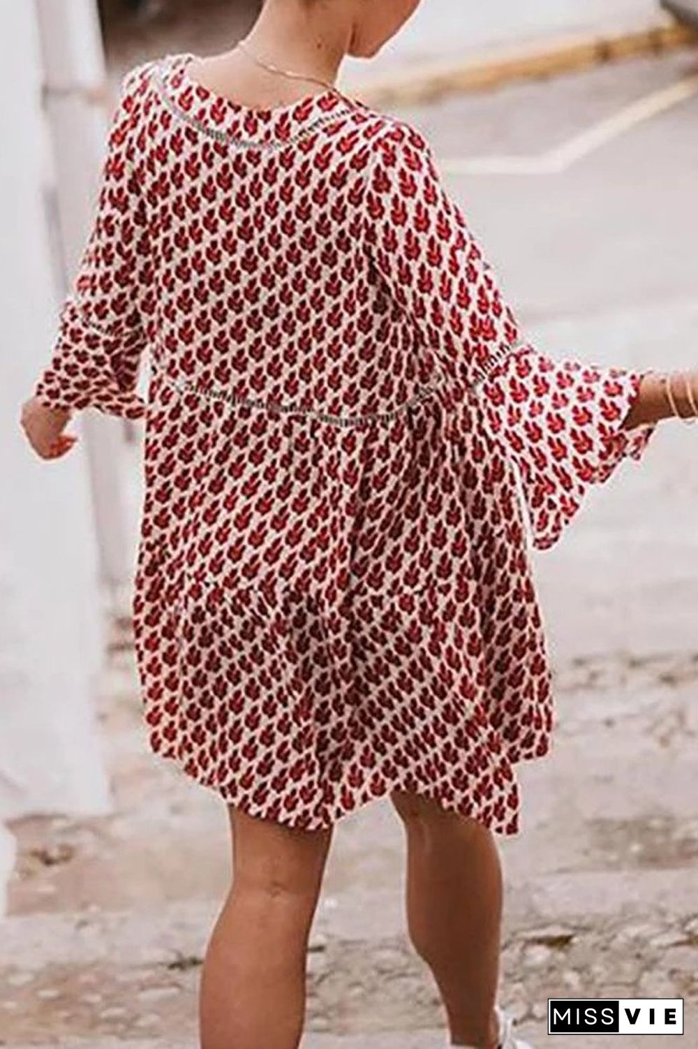 V-Neck Flare Three Quarter Sleeve Dress