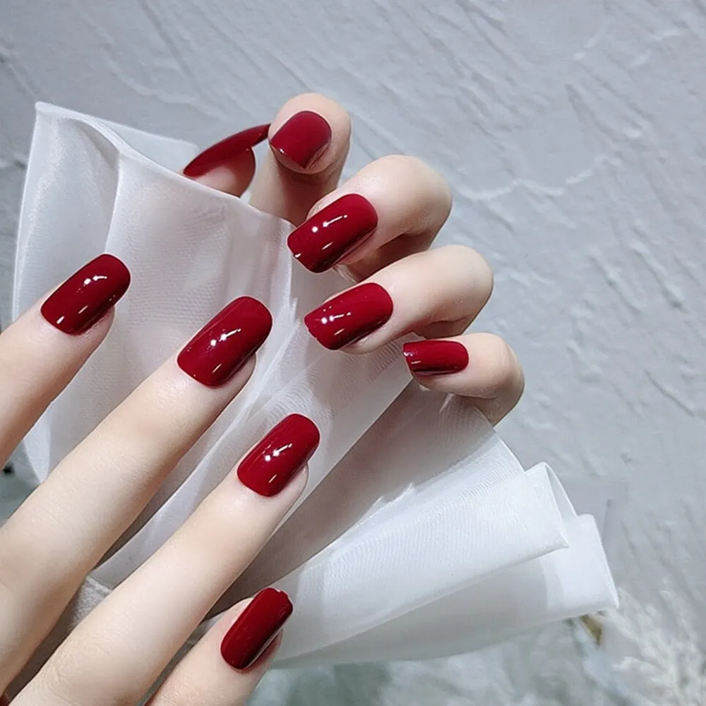 24pcs/Set Gorgeous Wine Red False Nails With Glue Middle Long Round Head Full Nail Tips Finished Fake Nail artificial nails-Nail Inspo