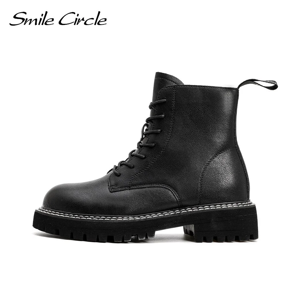 Smile Circle Winter Ankle Boots Women Cow Leather Platform Boots Warm Plush Keep Round toe Comfortable Ladies Booties