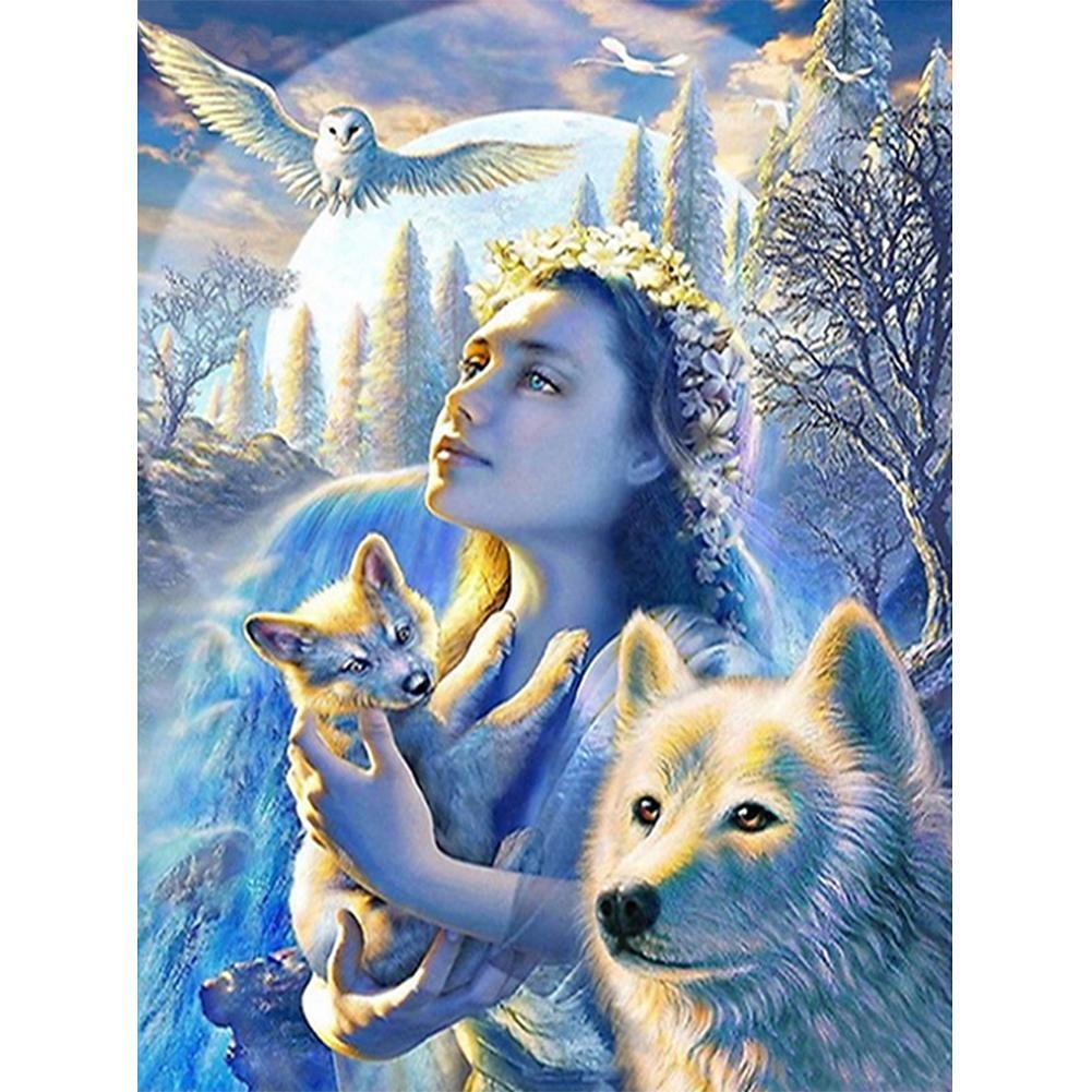 Full Round Diamond Painting Girl and Wolf (40*30cm)
