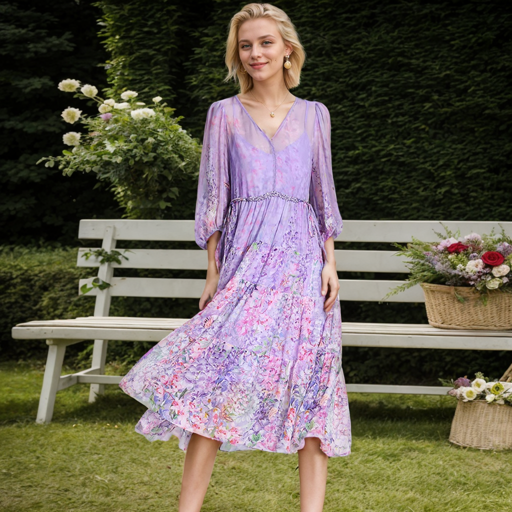 Purple Silk Chiffon Dresses High Waist For Beach REAL SILK LIFE