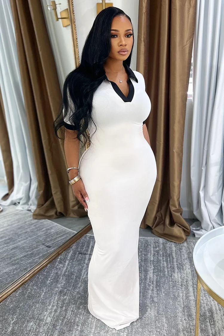 Colorblock Trim Polo V Neck Slim-Fit Daily Maxi Dresses-White [Pre Order]